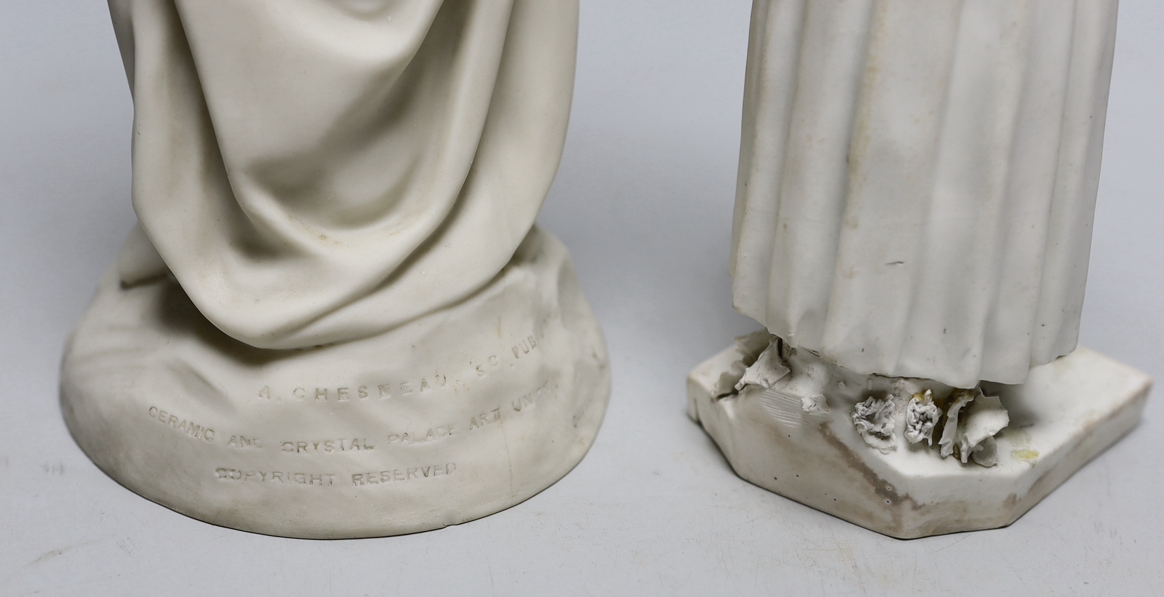 A Derby biscuit figure of a female gardener, c.1780, and a Copeland Parian female figure, the largest 43cm high